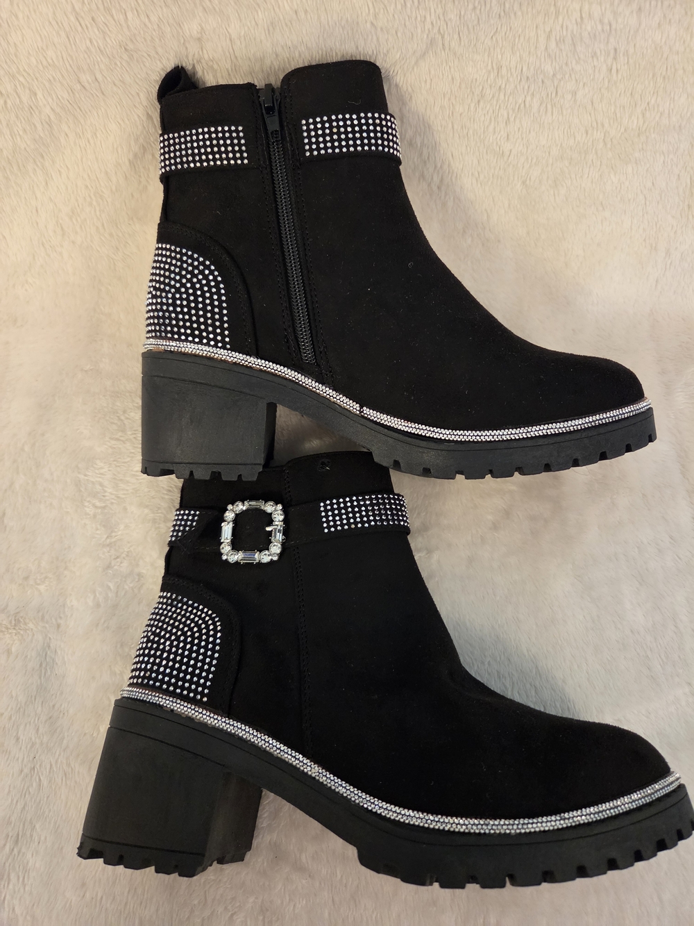 Black Ankle Boots with Rhinestone Trim - Women